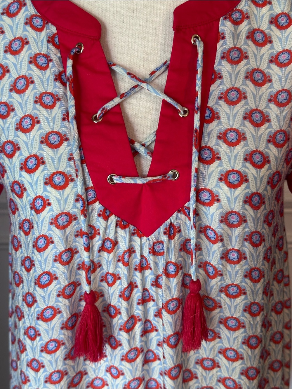 NEW Voy Red Printed Contrast Ruffle Sleeve Tiered Dress size Small - Picture 7 of 11